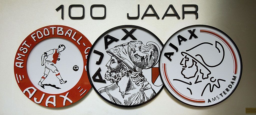 The logos for the Ajax soccer team hang on display at the Amsterdam ArenA stadium in Amsterdam, The Netherlands, on Friday, Feb. 22, 2008. Johan Cruijff, a Dutch football manager and former player, is returning to advise the team.