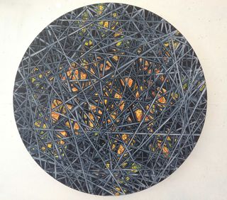 Entanglement, by Sharon Molloy, 2015. A painting of a circle with many branches tangled together.