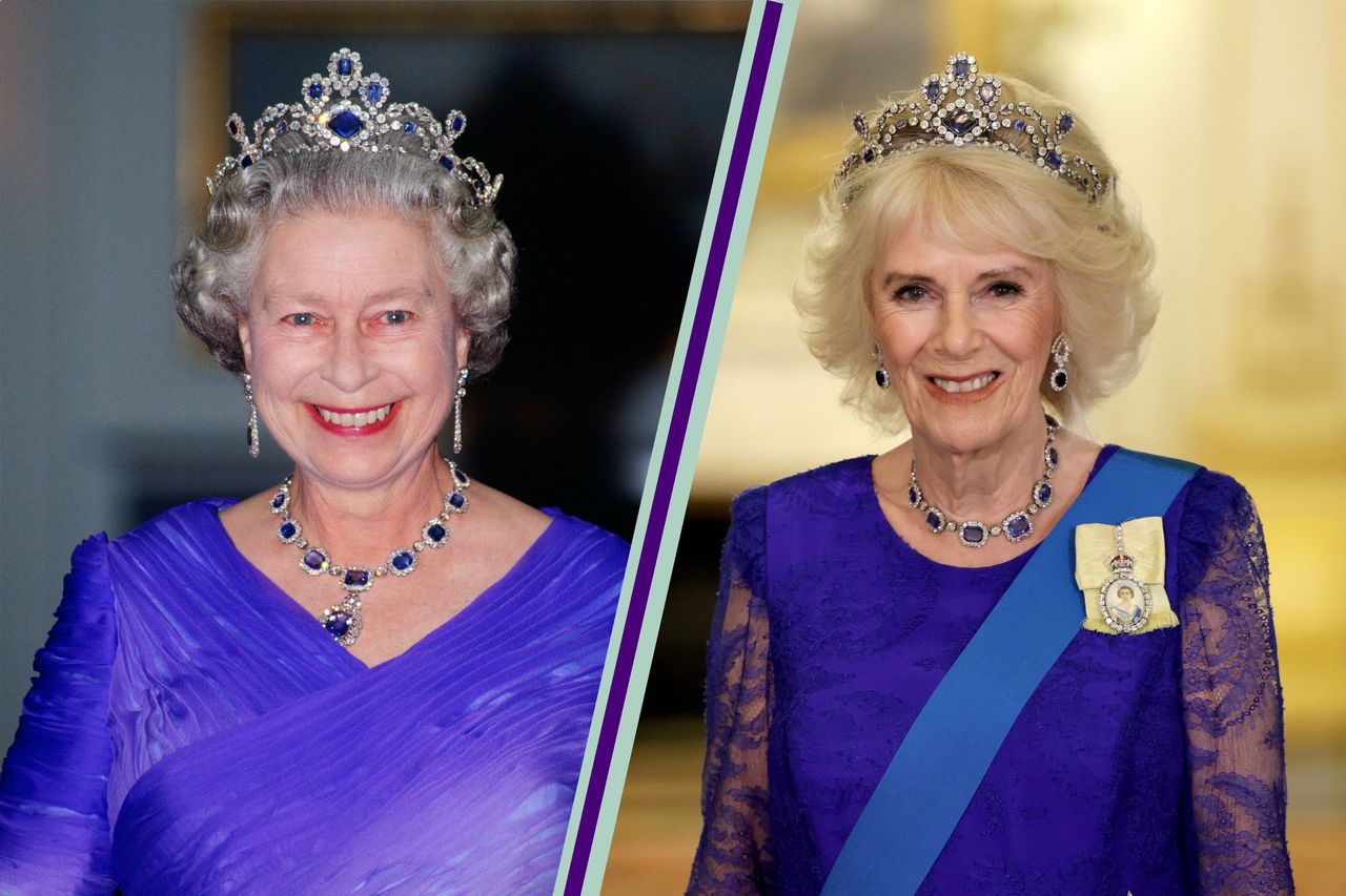 The Queen wearing blue sapphire jewels split layout with Camilla Queen Consort wearing same blue sapphire jewels