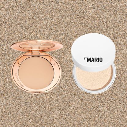 two setting powders in compacts on a tan background