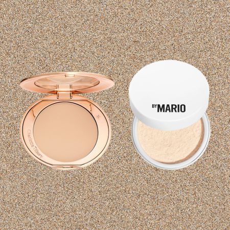 two setting powders in compacts on a tan background