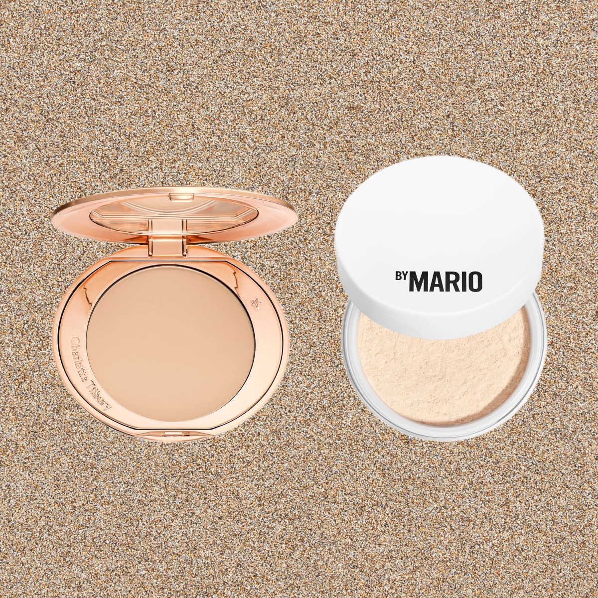 two setting powders in compacts on a tan background