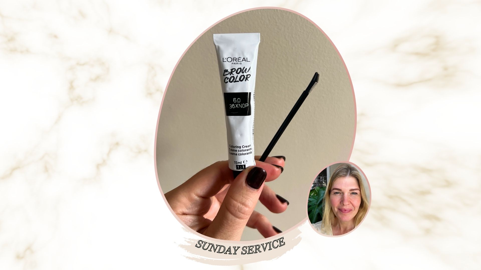 A marble backdrop containing an image of a hand with dark painted fingernails holding L&#039;oreal Brow Color brow tint, next to an image of beauty editor fiona mckim next to a green plant with blonde hair and defined eyebrows