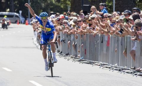 Jason Christie celebrates winning the 2016 NZ national road race