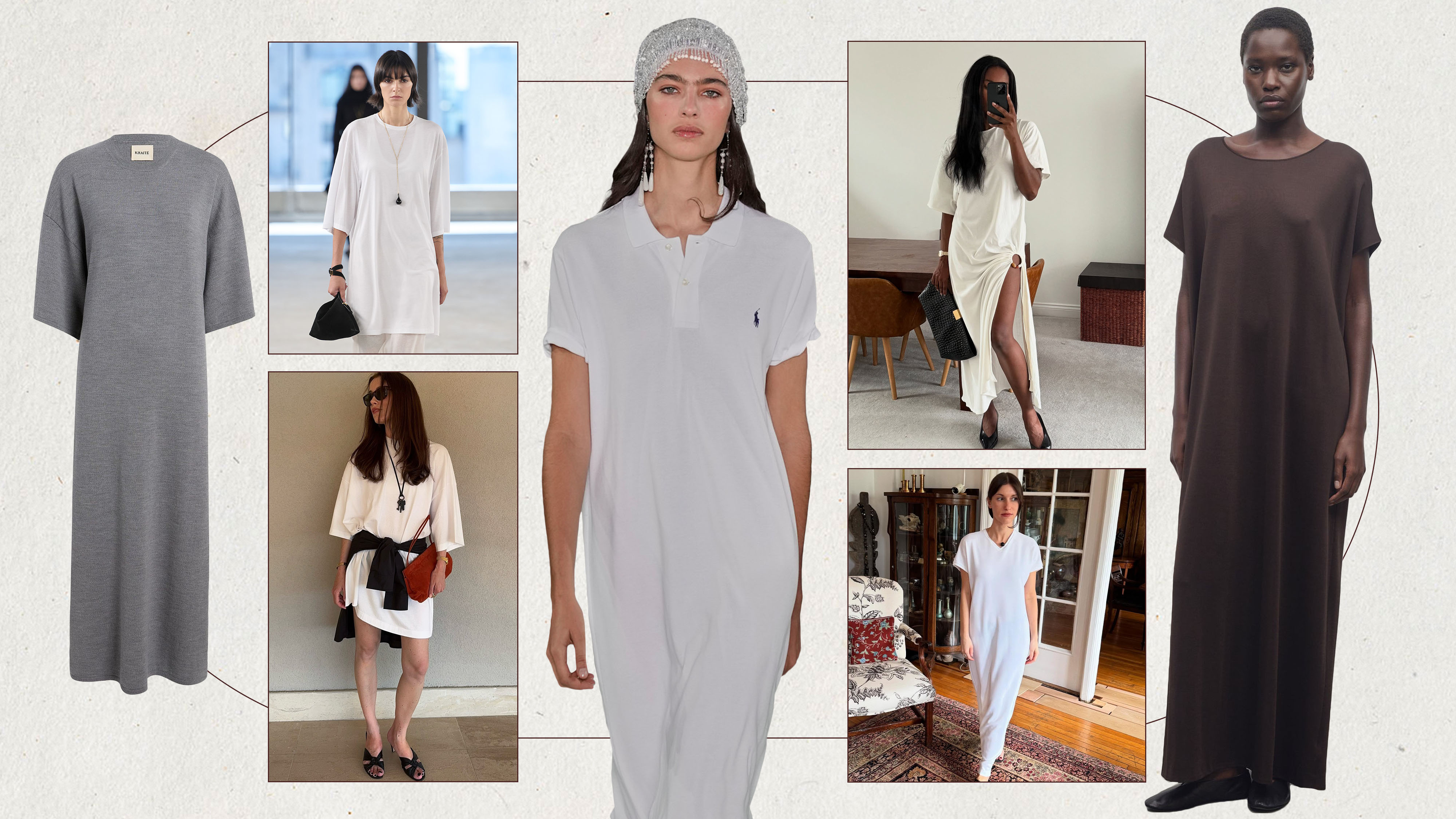 A collage showcasing the 2025 T-shirt dress trend on the runways and Instagram.