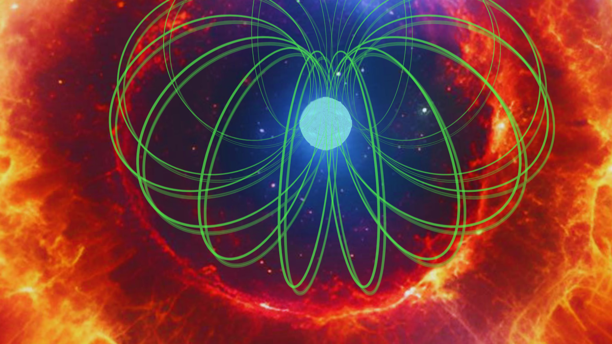 A blue orb with green loops around it. In the background, there is a fiery scene. This is an illustration.