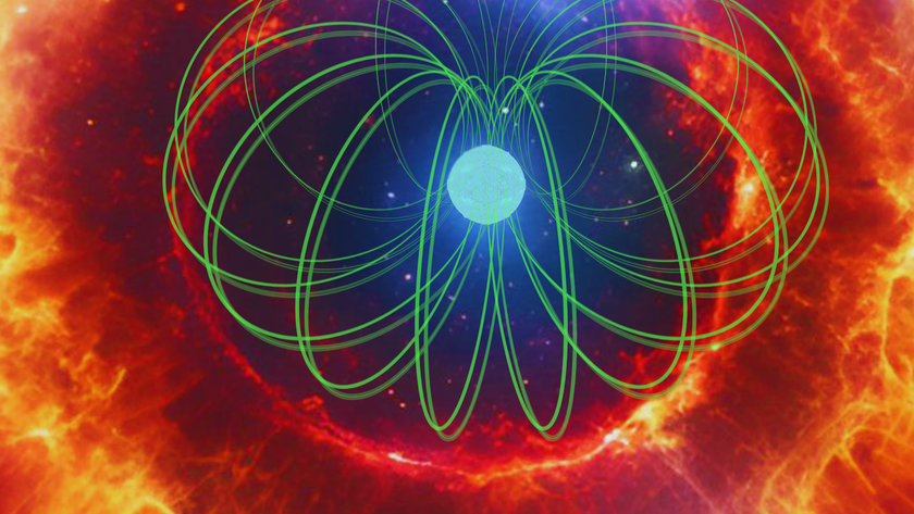 An illustration shows a neutron star surrounded by green magnetic field lines in the fiery shell of supernova wreckage from its birth