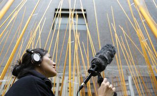 Woman stood between the bamboo shoots with camera