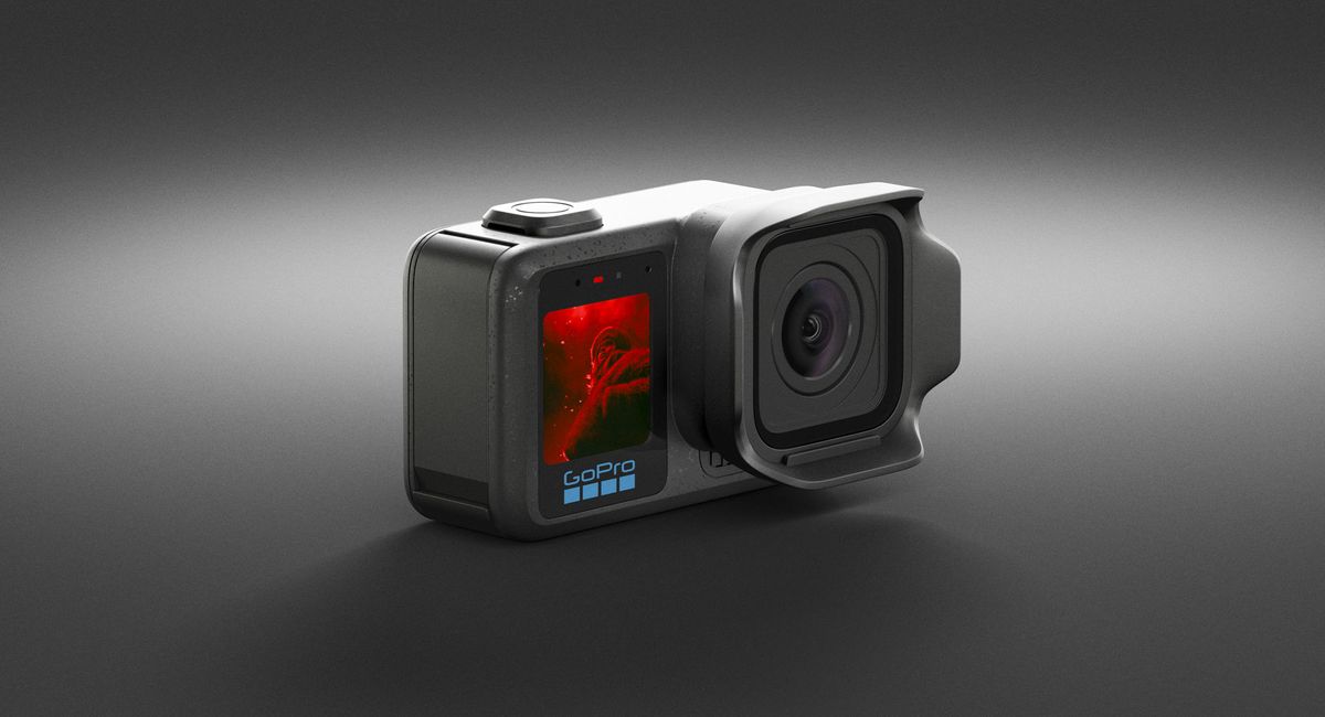 Front of the GoPro Mission 1 Pro action camera on a dark gray studio background