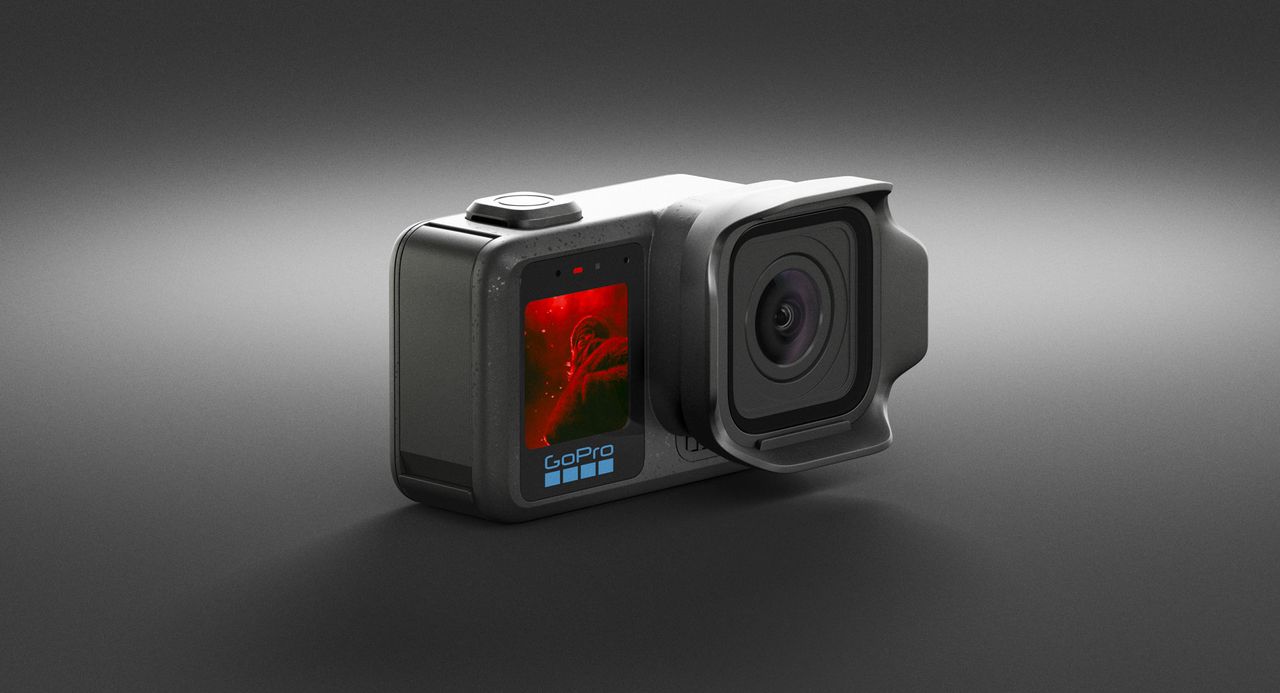 Front of the GoPro Mission 1 Pro action camera on a dark gray studio background