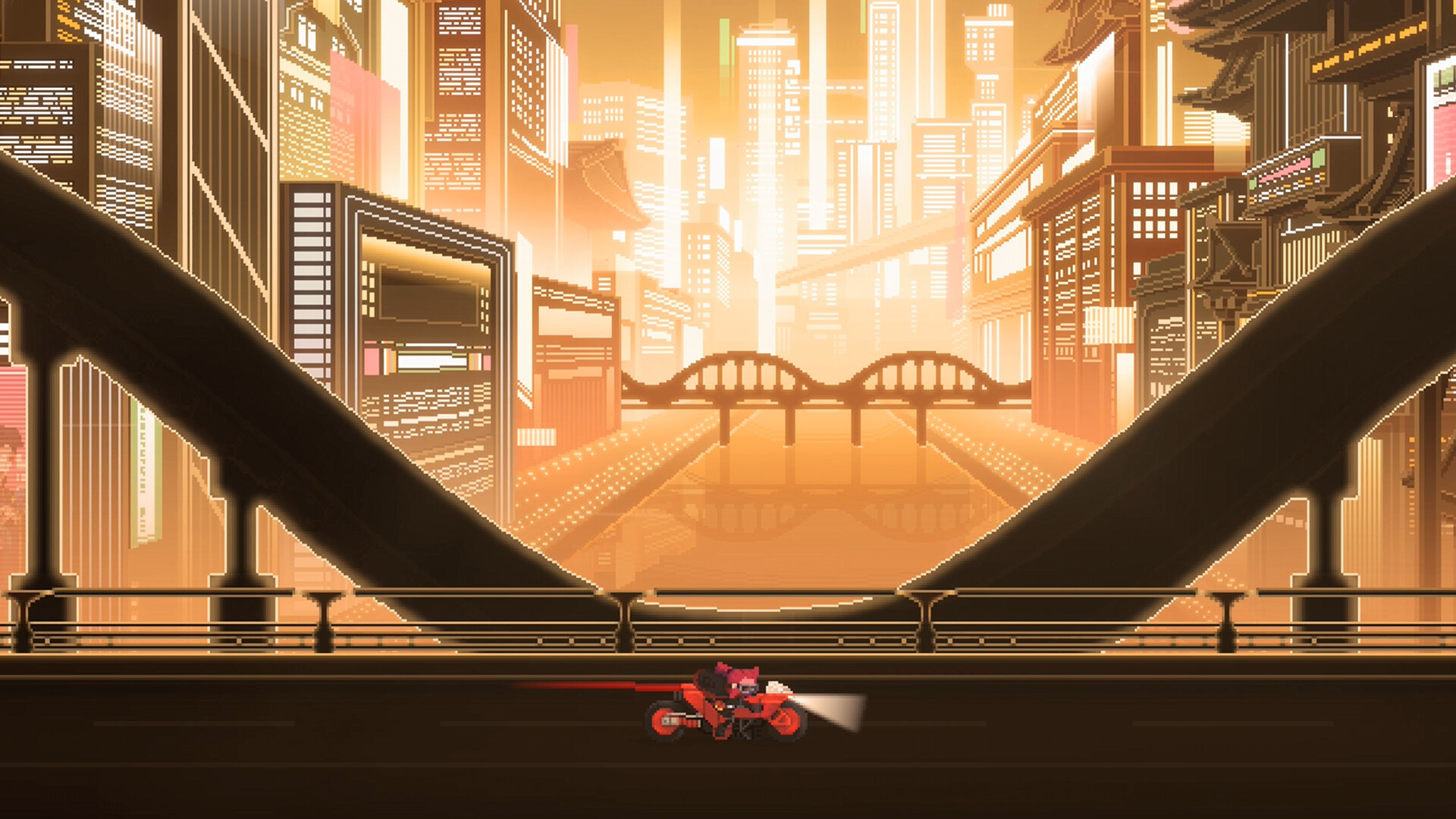 The player character rides an Akira-style motorcycle across a bridge in Sanabi - A Haunted Day