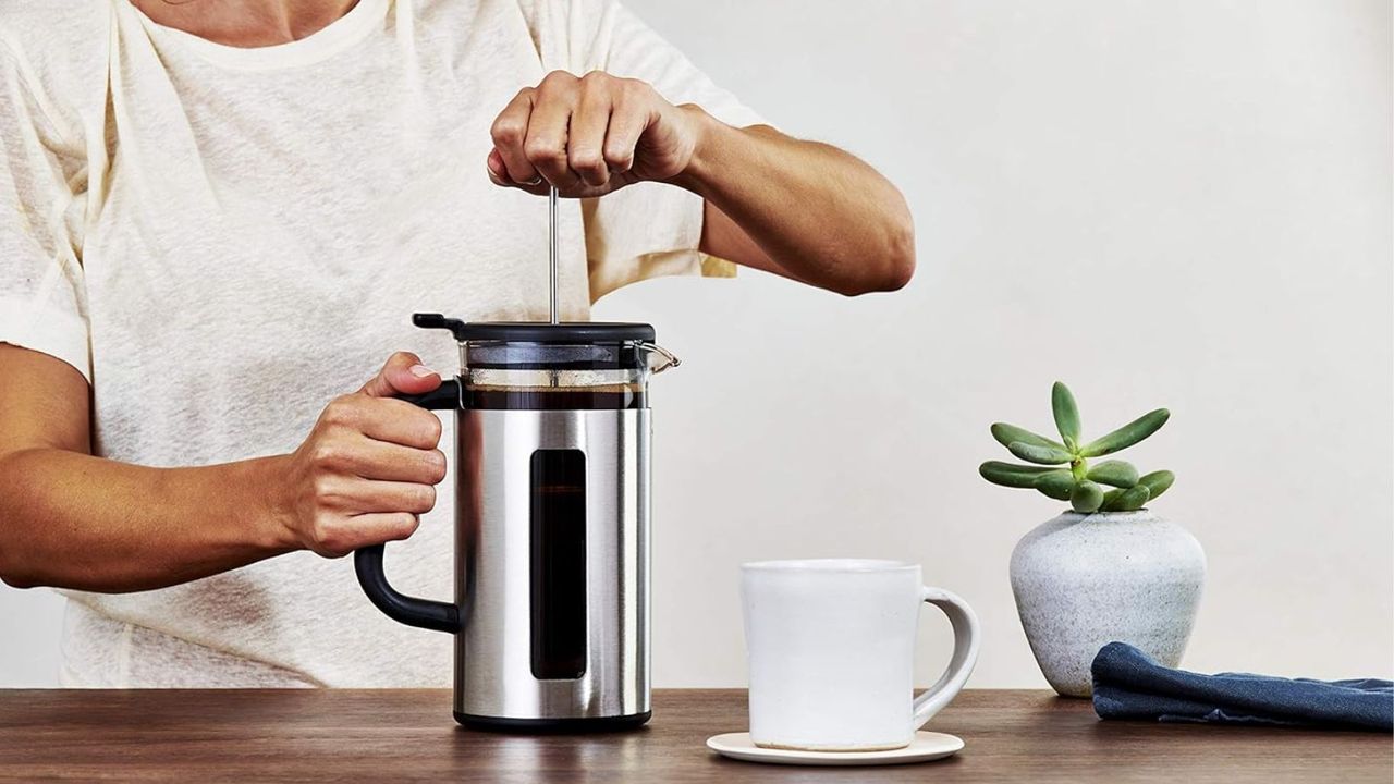 OXO French Press on the countertop with a white mug and a plant on the table