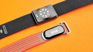 Close-up of the Luna Band and Fitbit Air on an orange table showing the health sensors