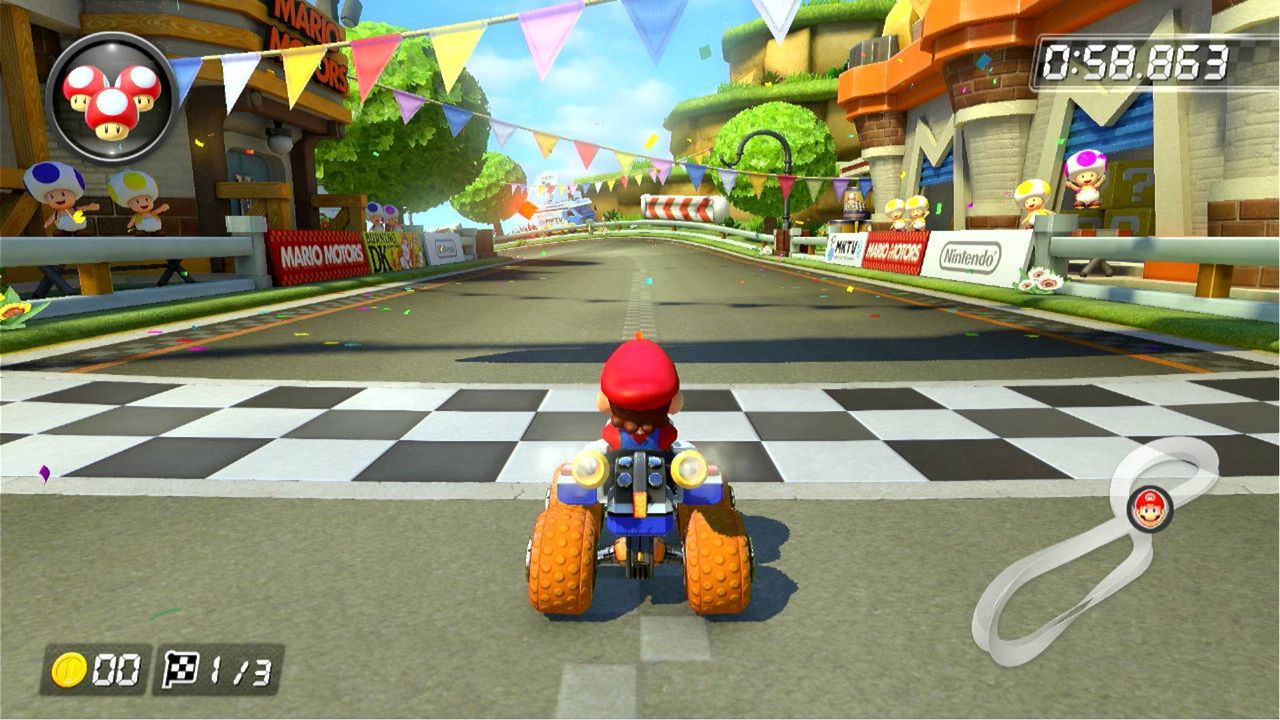 Mario Kart 8 gameplay with Mario at start line with mClassic upscaling switched off.