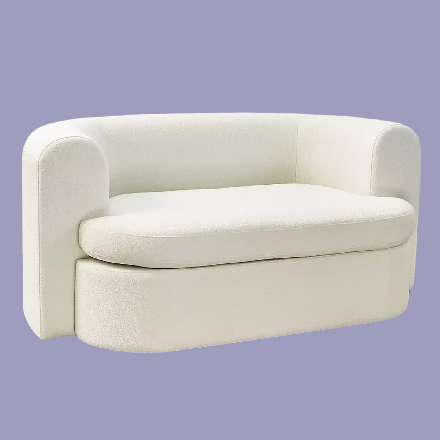 A two-seater white storage couch against a purple background