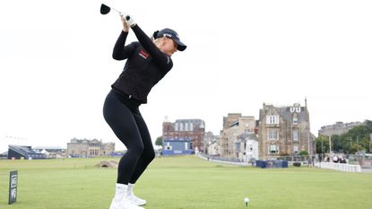 Charley Hull takes a tee shot in a practice round for the AIG Women&#039;s Open