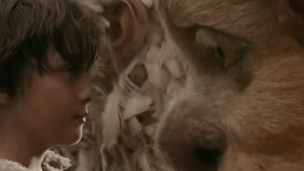 Max Records staring at a largee monster in Where the Wild Things Are