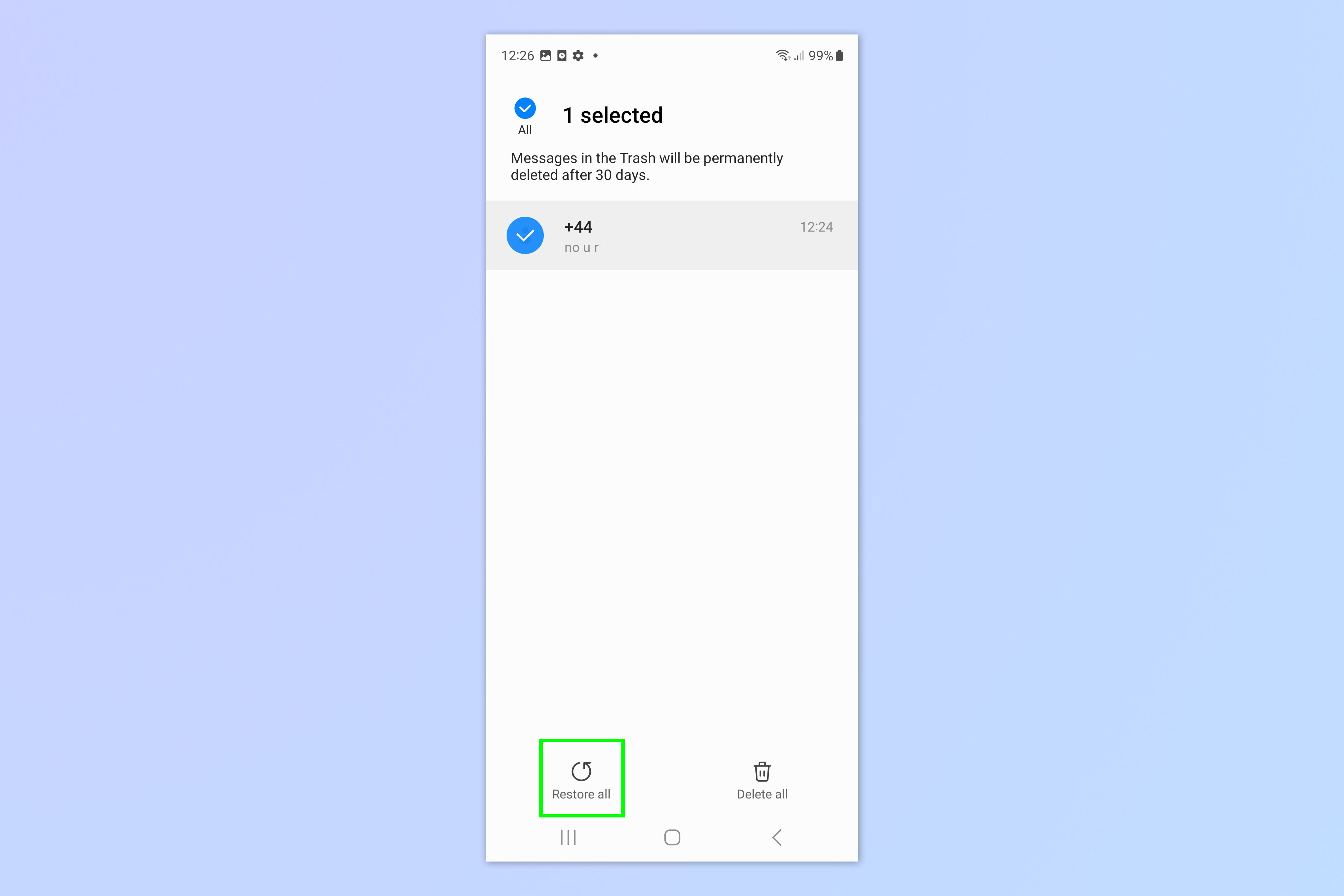 Una captura de pantalla que muestra los pasos necesarios para recuperar textos eliminados en Samsung