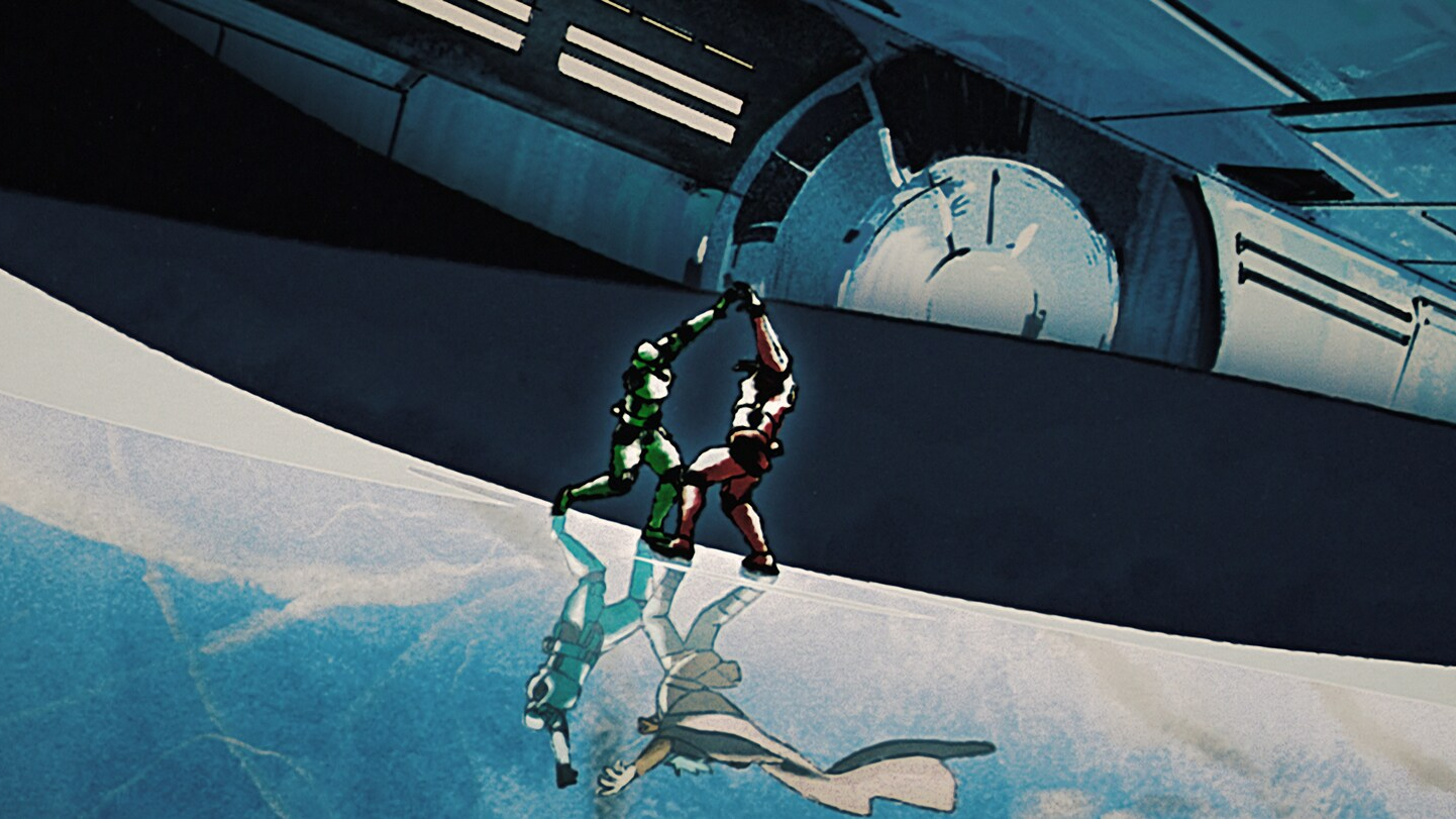 A stylized image of a stormtroopers fighting on the Death Star with reflections at their feet showing their reflections.