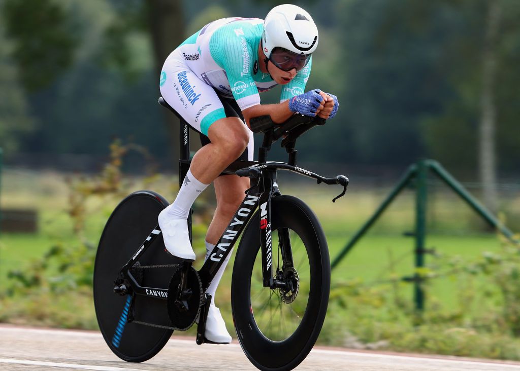 Alpecin-Deceuninck's Belgian rider Jasper Philipsen competes during stage two of the "Renewi Tour" multi-stage cycling race, a 15,4km time trial in Tessenderlo on August 29, 2024. (Photo by DAVID PINTENS / Belga / AFP) / Belgium OUT