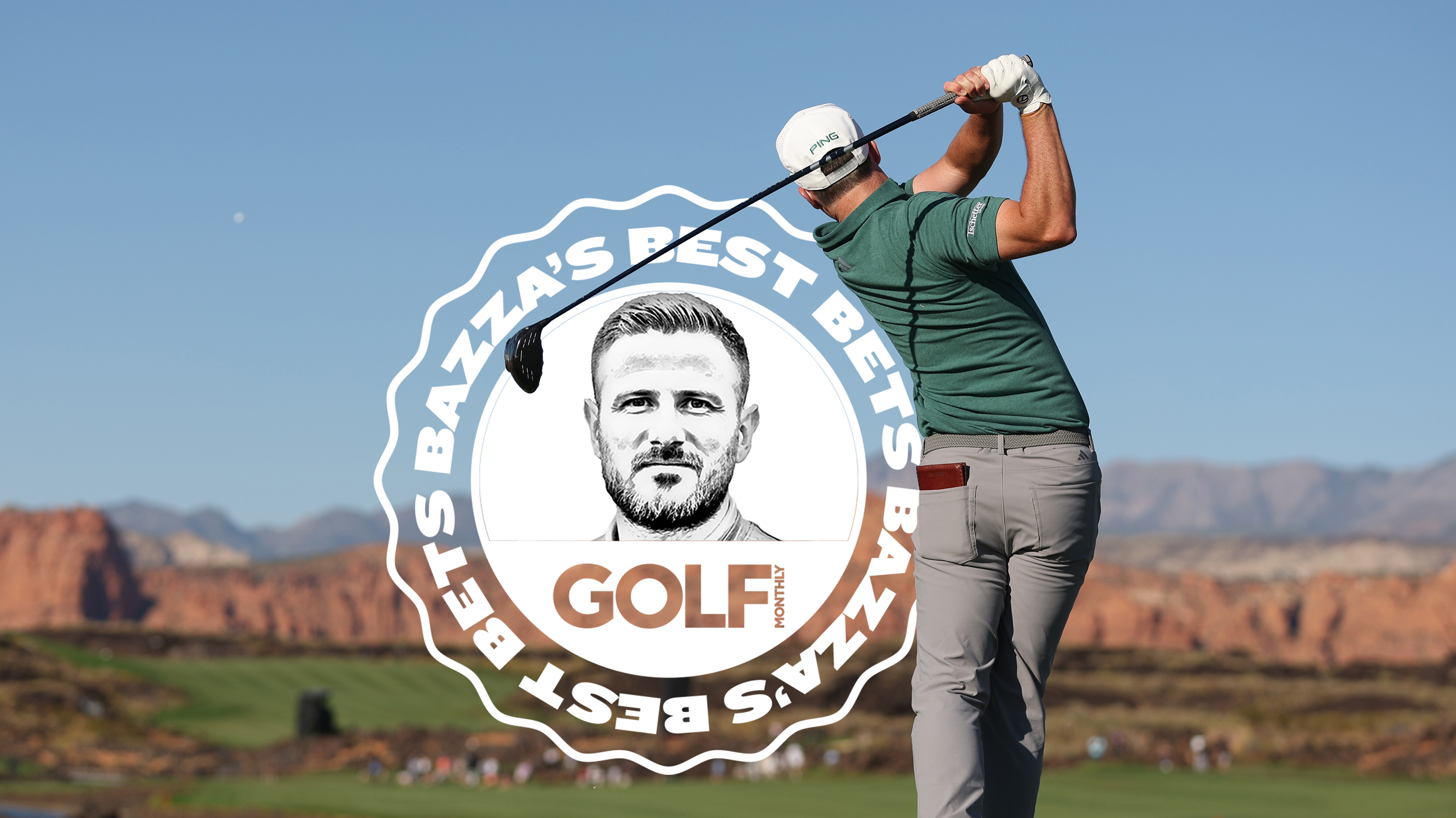A golfer in the finish position from behind, hitting a driver towards the fairway at the Black Desert Resort (home of the Bank of Utah Championship 2025), with an inset image of the Bazza&#039;s Best Bets logo