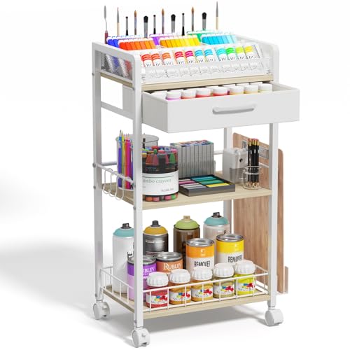 Homsorout 3 Tier Rolling Cart - Metal Utility Cart With Storage Drawer and Wheels, Versatile Art & Craft Organizer for Home, Office, or Studio Ideal for Storing Brushes, Paints, and Supplies White