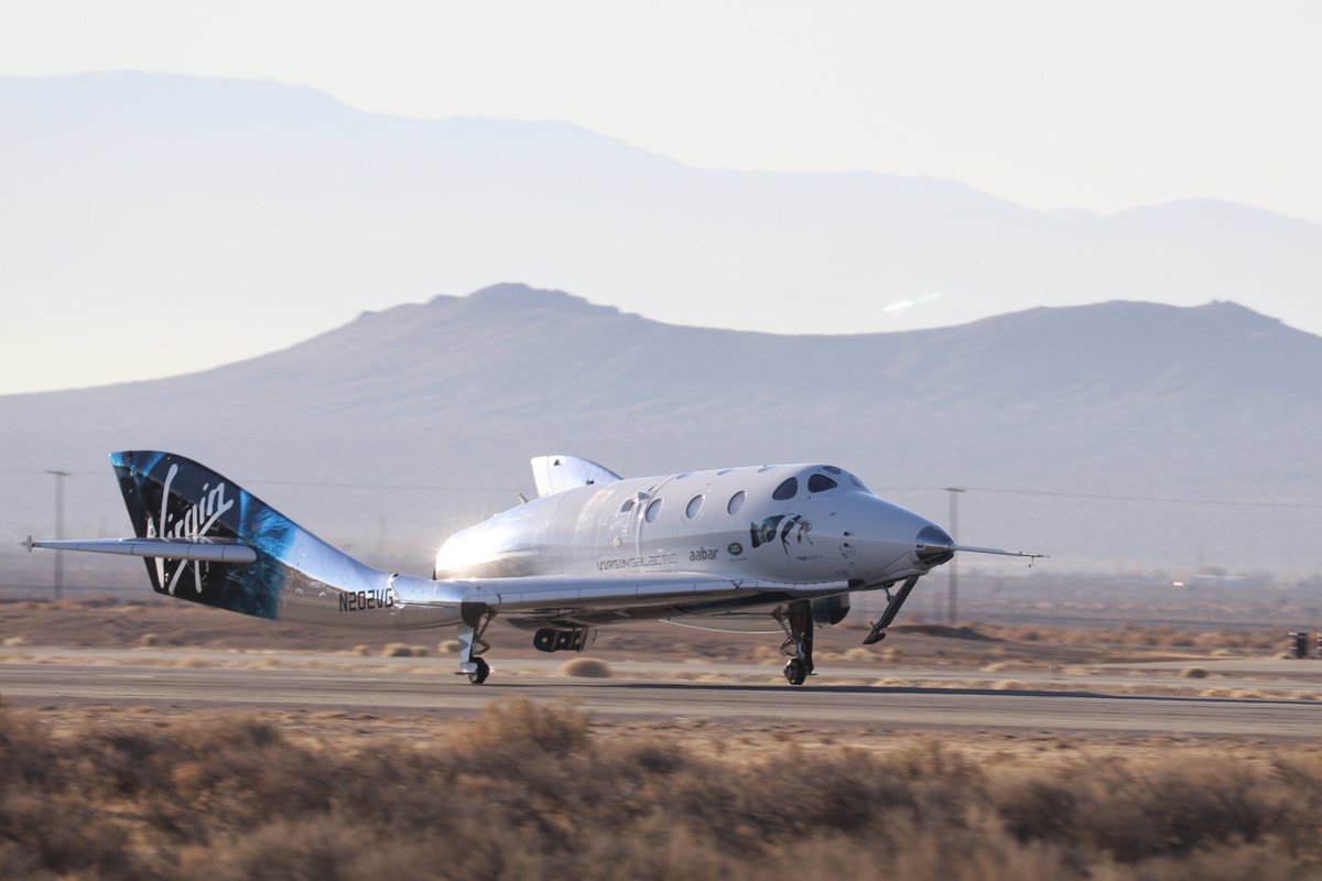 Virgin Galactic's VSS Unity suborbital spaceliner on a runway in the desert.
