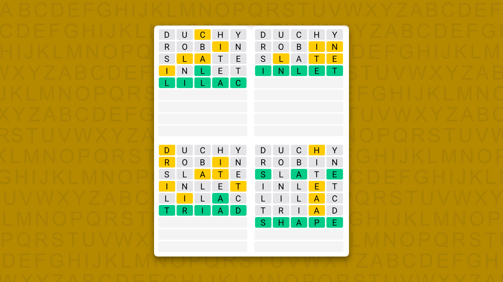Quordle answers for game 1721 on a yellow background
