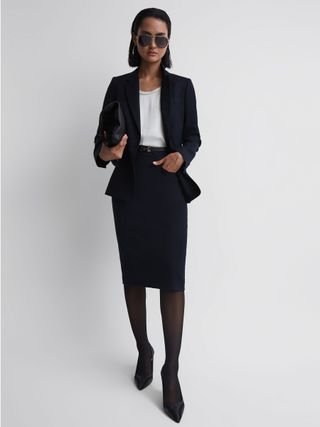 Petite Tailored Wool Blend Pencil Skirt in Navy