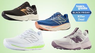 Collage of New Balance running sneakers floating on a colorful background next to a "Tom's Guide Black Friday Killer Deal" badge