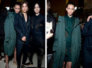 Image one - two models in black and one in dark green outfit. Image two - model in a dark green shirt and coat