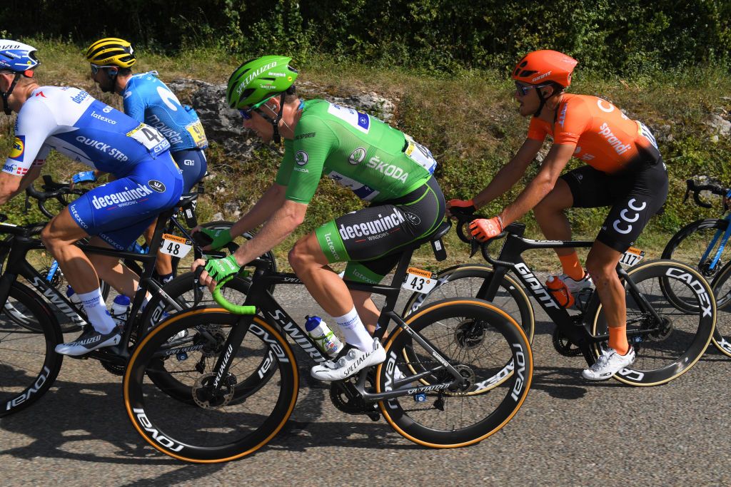 CHAMPAGNOLE FRANCE SEPTEMBER 18 Sam Bennett of Ireland and Team Deceuninck QuickStep Green Points Jersey Matteo Trentin of Italy and CCC Team during 107th Tour de France 2020 Stage 19 a 1665km stage from Bourg en Bresse to Champagnole 547m TDF2020 LeTour on September 18 2020 in Champagnole France Photo by Tim de WaeleGetty Images