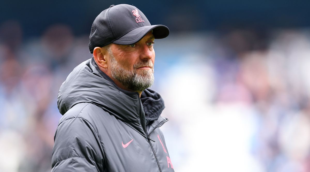 Liverpool manager Jurgen Klopp looks on during the Premier League match between Manchester City and Liverpool at the Etihad Stadium on April 1, 2023 in Manchester, United Kingdom.