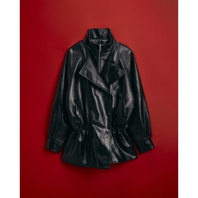 Black Layered Cinched Faux Leather Jacket