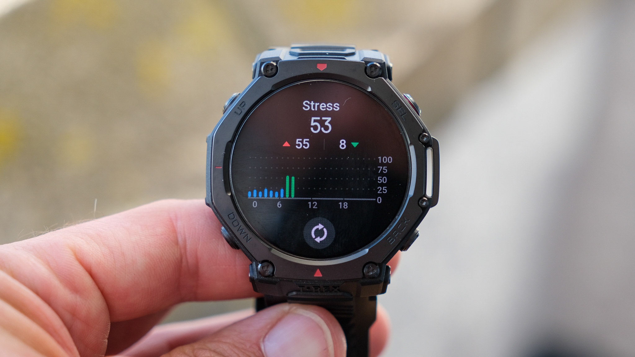 Amazfit T-Rex 3 Pro smartwatch in hand