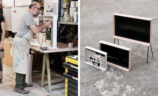 Left: electrician tucking in wires. Right: the front and back of the television without the fabric covering