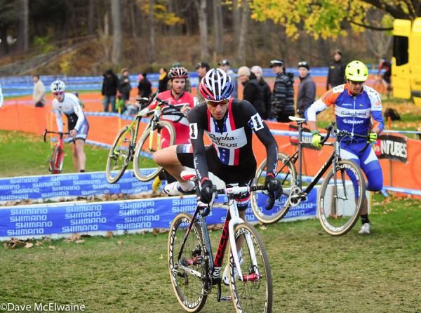 Jeremy Powers (Rapha Focus) re-mounting at the barriers