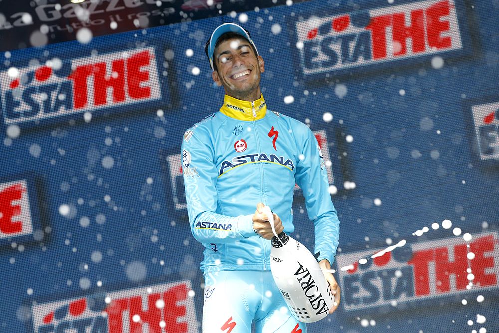 Fabio Aru (Astana) celebrates winning stage 19 at the Giro d'Italia