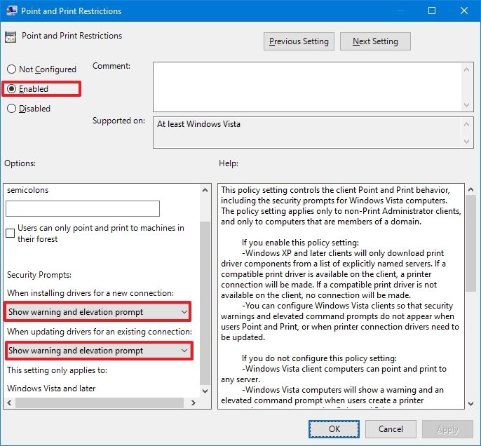 PrintNightmare Point and Print Restrictions correct config