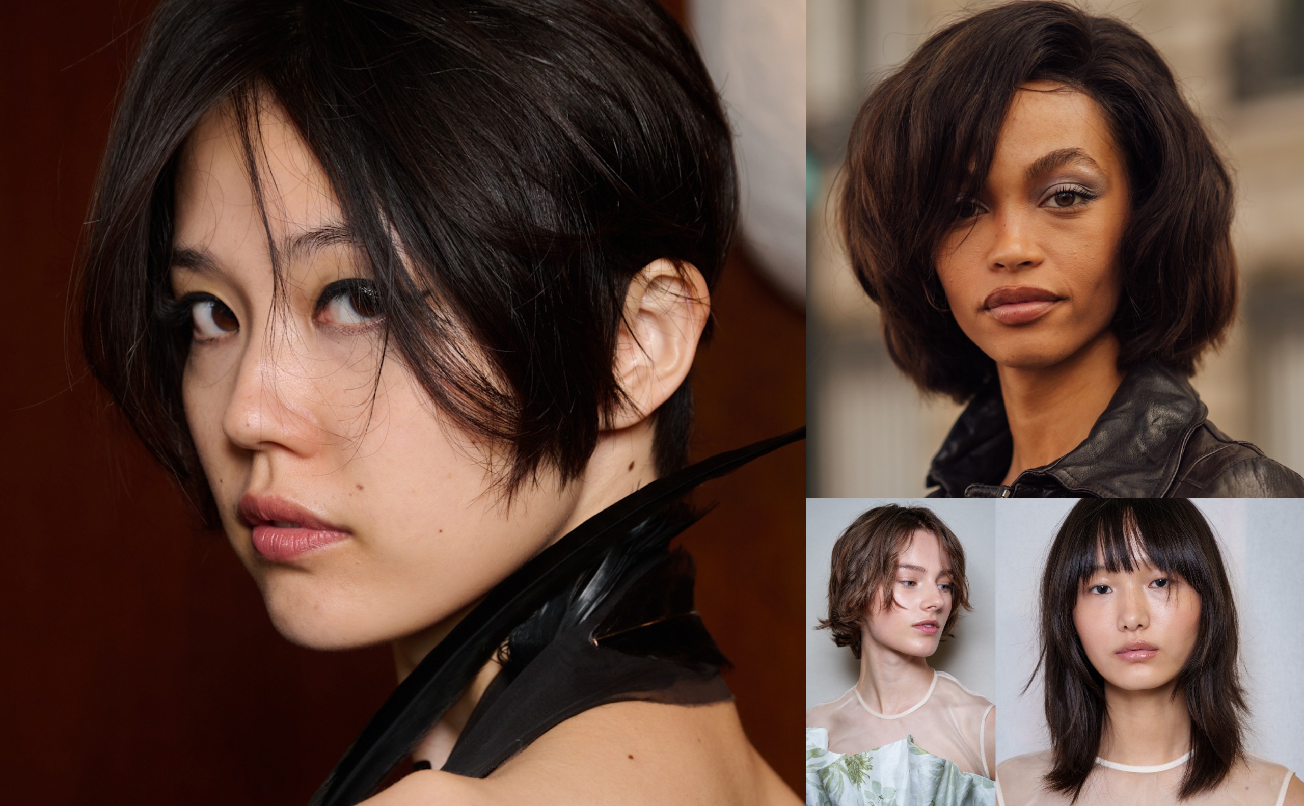 short choppy curtain bangs and shaggy layers on different hair lengths, dark tousled bob with pieces falling across the face, soft wispy fringe and flipped out ends, effortless messy hair inspo