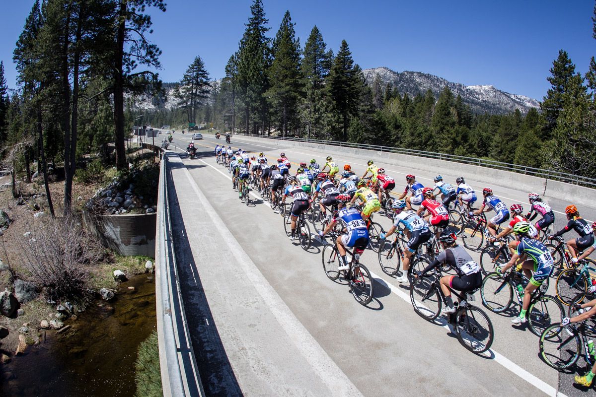 The peloton crosses the Truckee River.