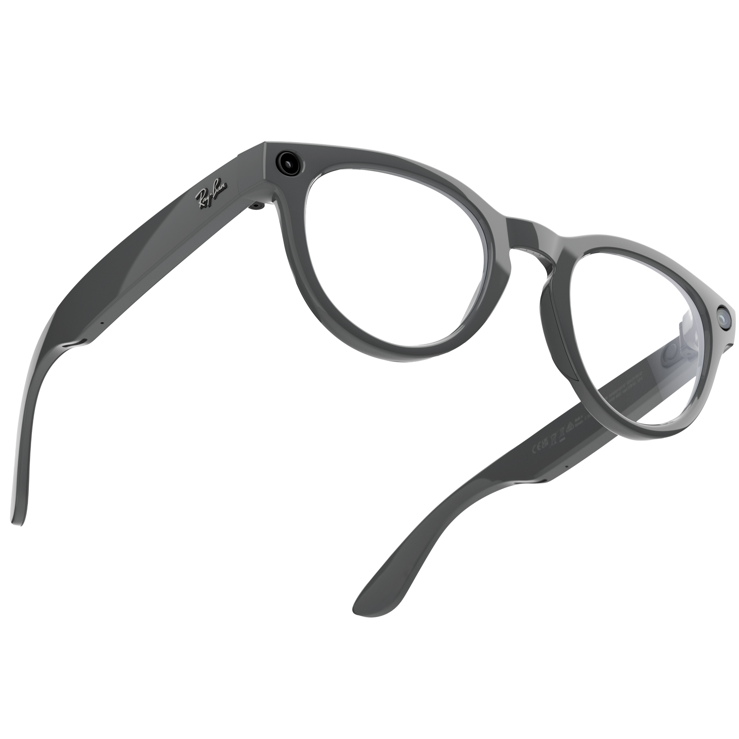 An official product render of Ray-Ban Meta (Gen 2) smart glasses Headliner style with gray frames and transitions lenses