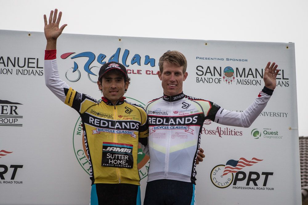 Janier Acevedo (Jamis) holds onto the yellow jersey while Cameron Piper (Mikes Bikes) keeps the top amateur jersey