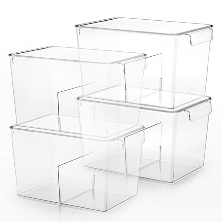 Stackable Clear Storage Bins With Lids, Large Plastic Storage Bins W Handle, Acrylic Pantry Organization and Storage for Kitchen, Fridge, Cabinet, Refrigerator, Bathroom Organizer