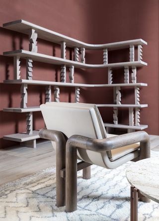 Carved Wood Lounge Chair and Totem Bookcase, by Paolo Ferrari