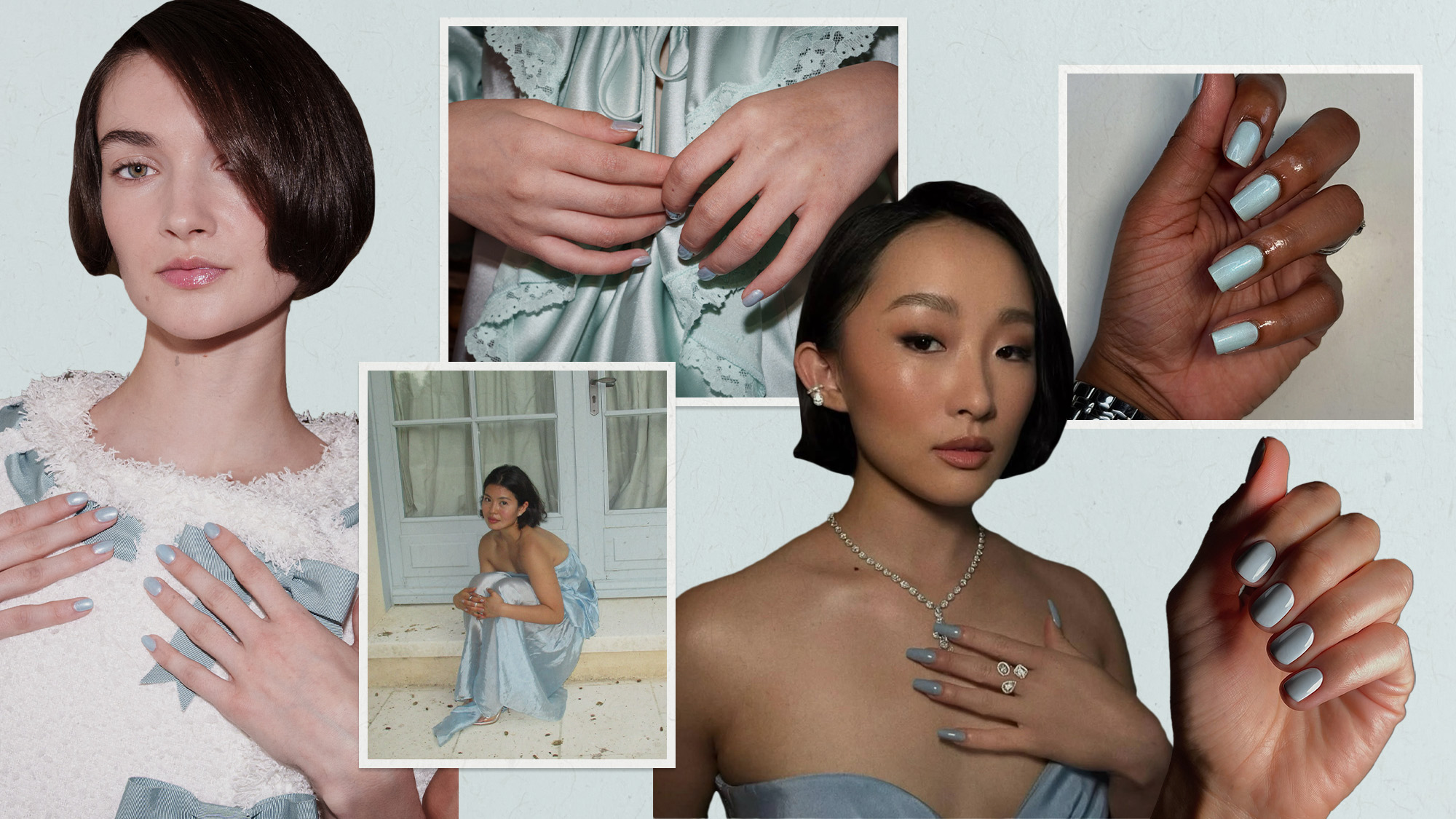 Collage of icy blue manicures.