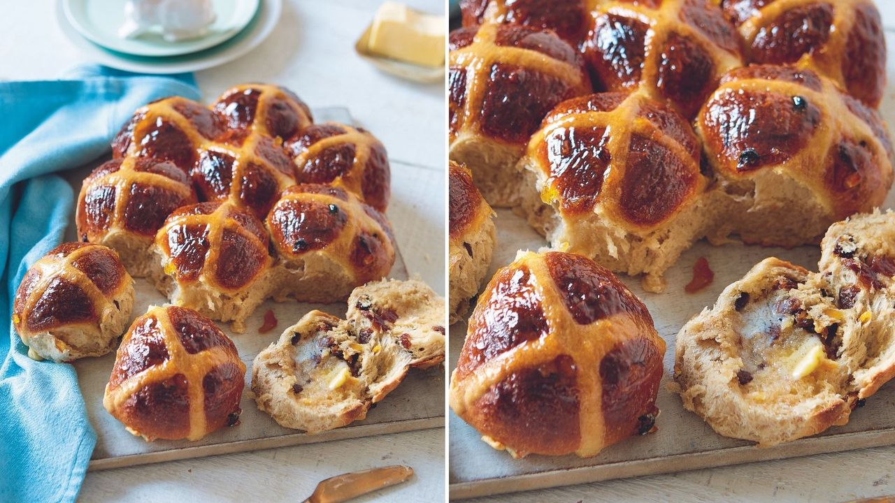 Tear and Share Hot Cross Buns recipe on a plate beside a blue napkin.