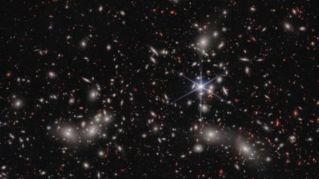 A view of Pandora&rsquo;s Cluster (Abell 2744) in deep space.