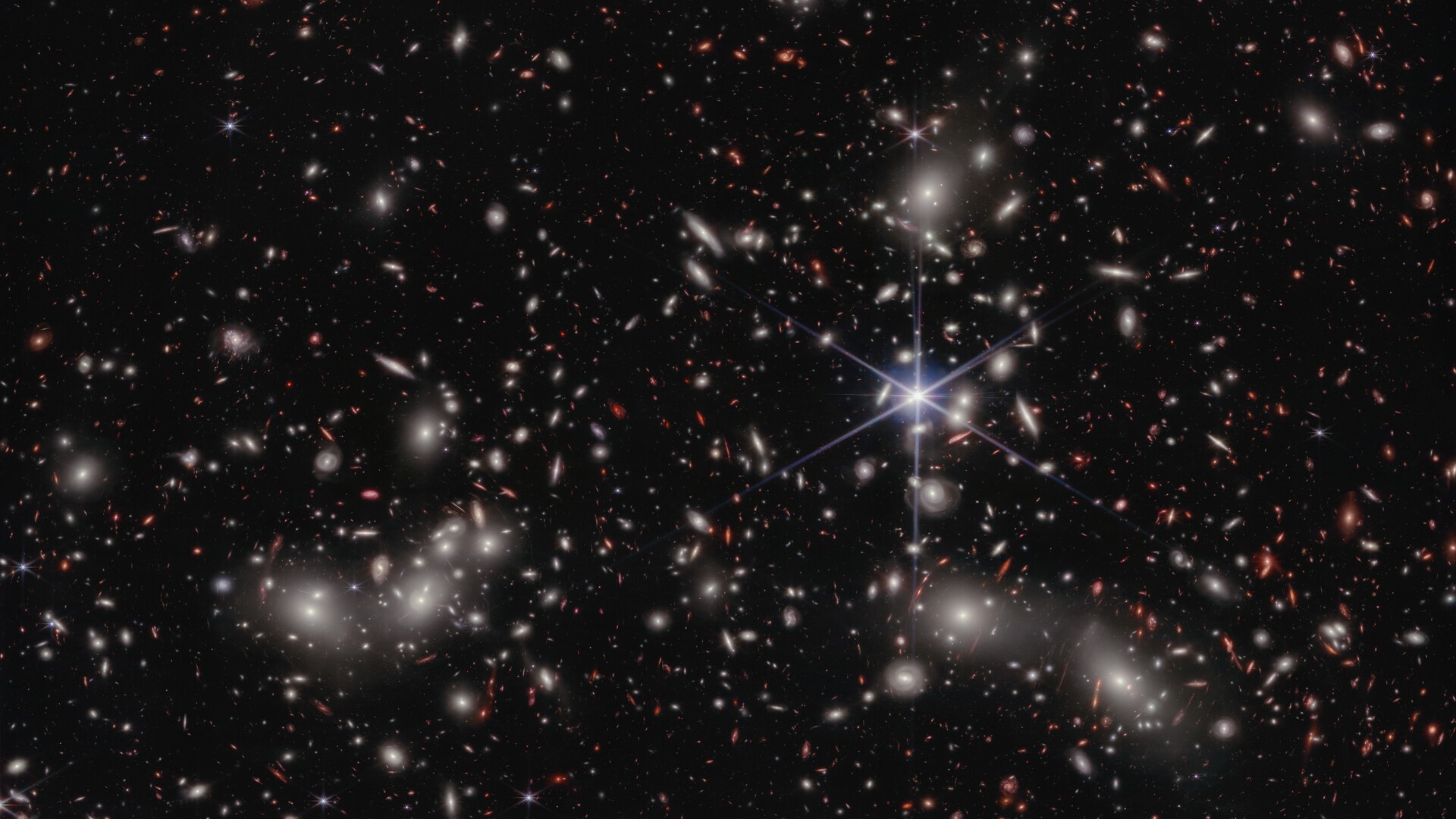 A view of Pandora&rsquo;s Cluster (Abell 2744) in deep space.