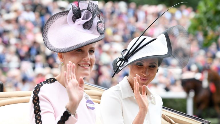 Sophie, Countess of Wessex and Meghan, Duchess of Sussex attend Royal Ascot Day 1 at Ascot Racecourse on June 19, 2018 in Ascot, United Kingdom. 